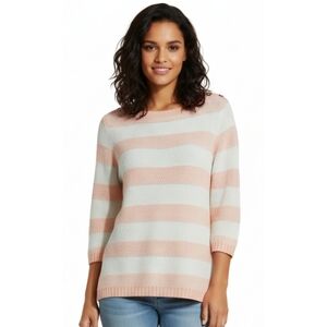 Croft & Barrow Coral Pink/ White Striped 3/4 Sleeve Waffle Knit Sweater Size M